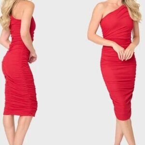 Nordstrom Love X Design One-Shoulder Bodycon Midi Dress Tango Red M NWT